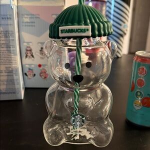 Starbucks Clear Bear Tumbler with Green Ribbed Lid and Striped Straw